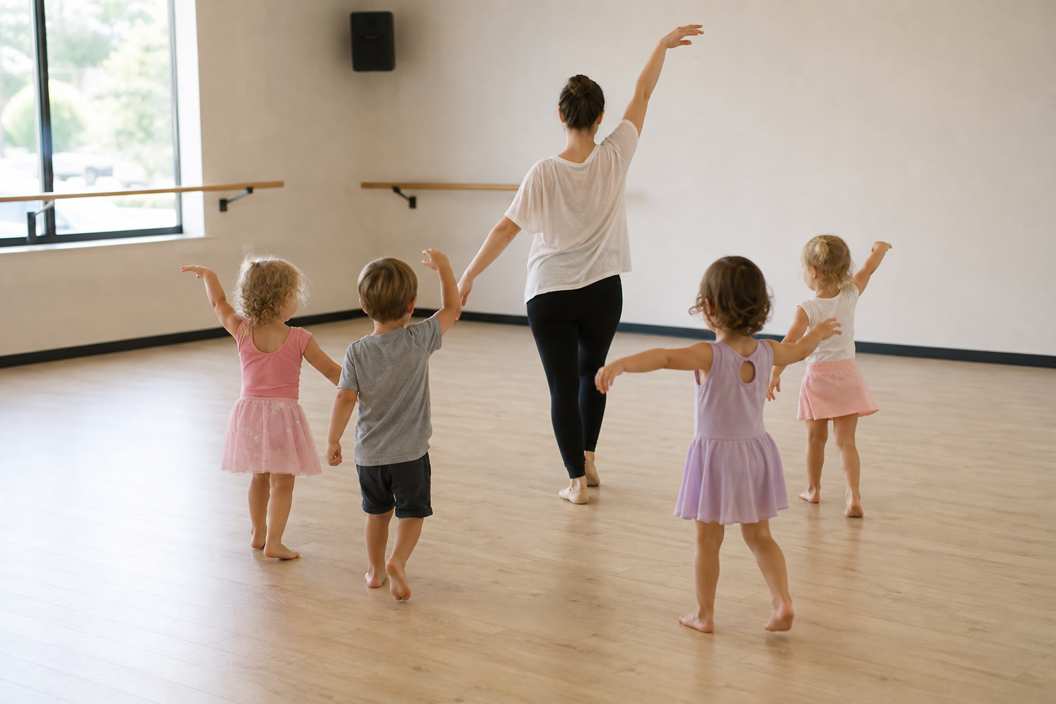 Toddlers following simple arm movements with an instructor in a dance studio