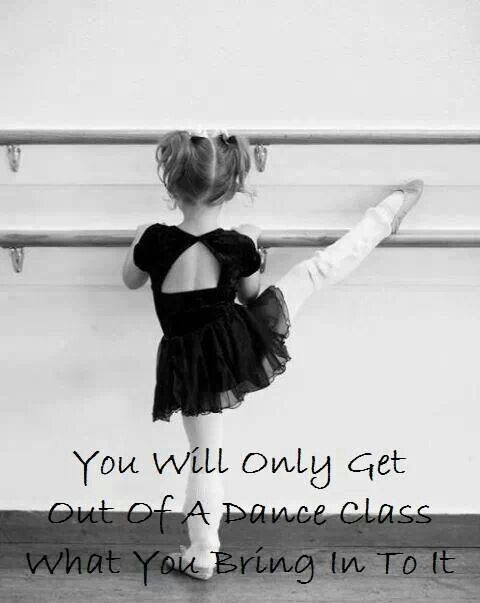 A young ballerina at the barre with a message about putting effort into dance class