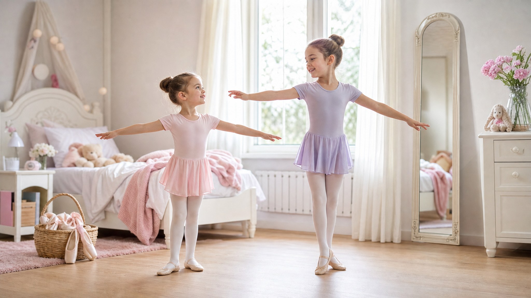 Two young dancers practicing ballet together in a bedroom