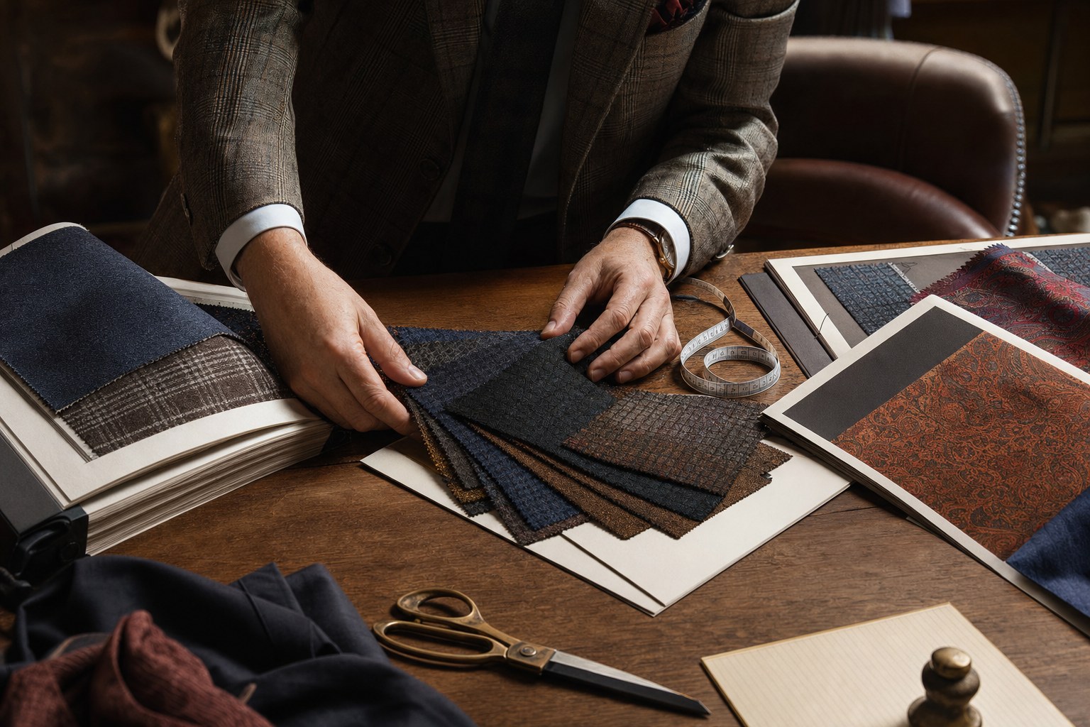 Fine wool fabric swatches arranged for a private tailoring consultation