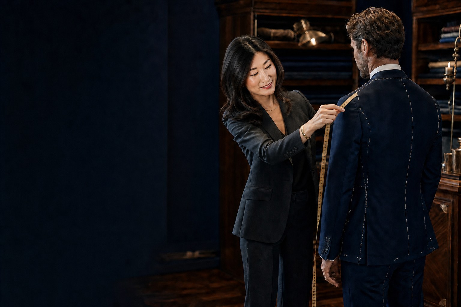 A female tailor measuring a client in a navy custom suit