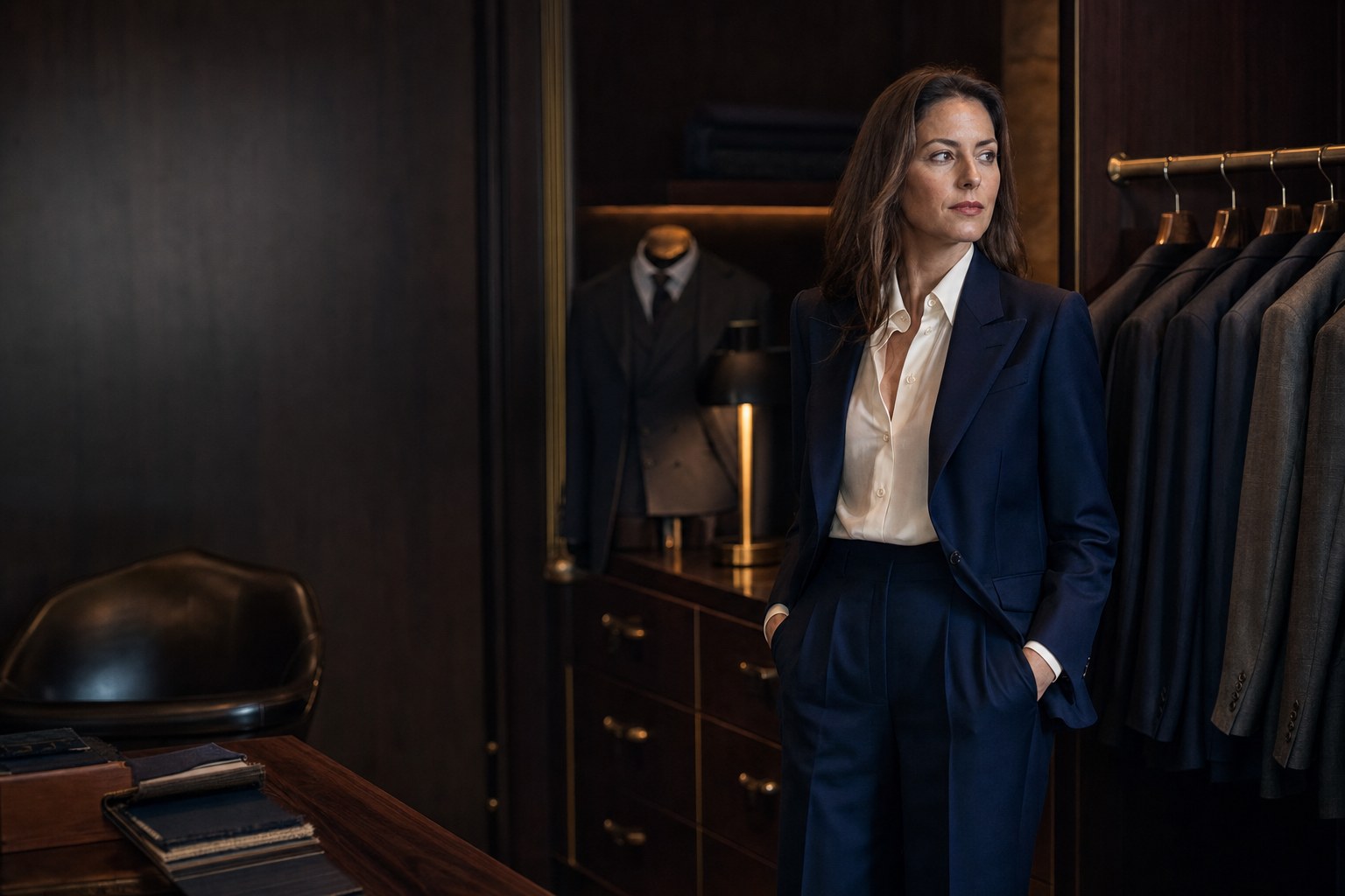 A woman wearing a navy custom suit in a private atelier