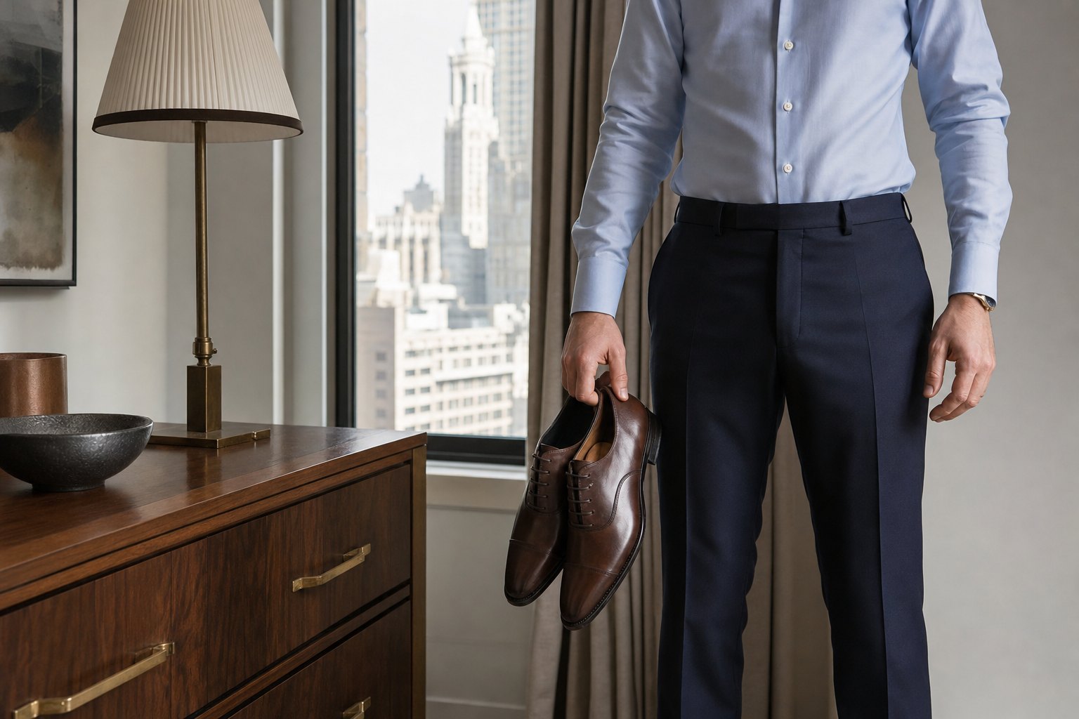 A client in a dress shirt and tailored trousers holding polished dress shoes before a suit fitting