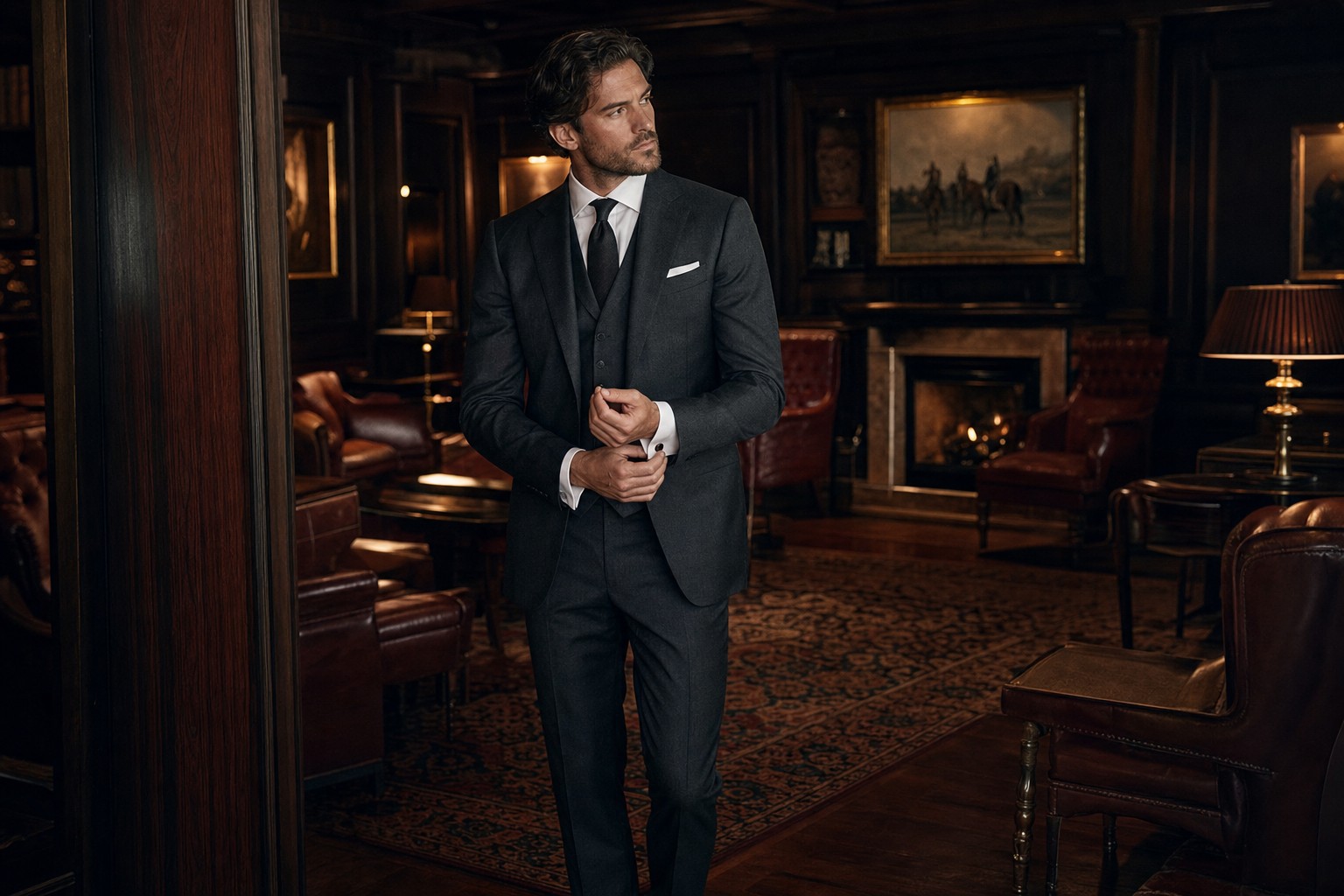 Man wearing a charcoal three-piece custom suit in a private club