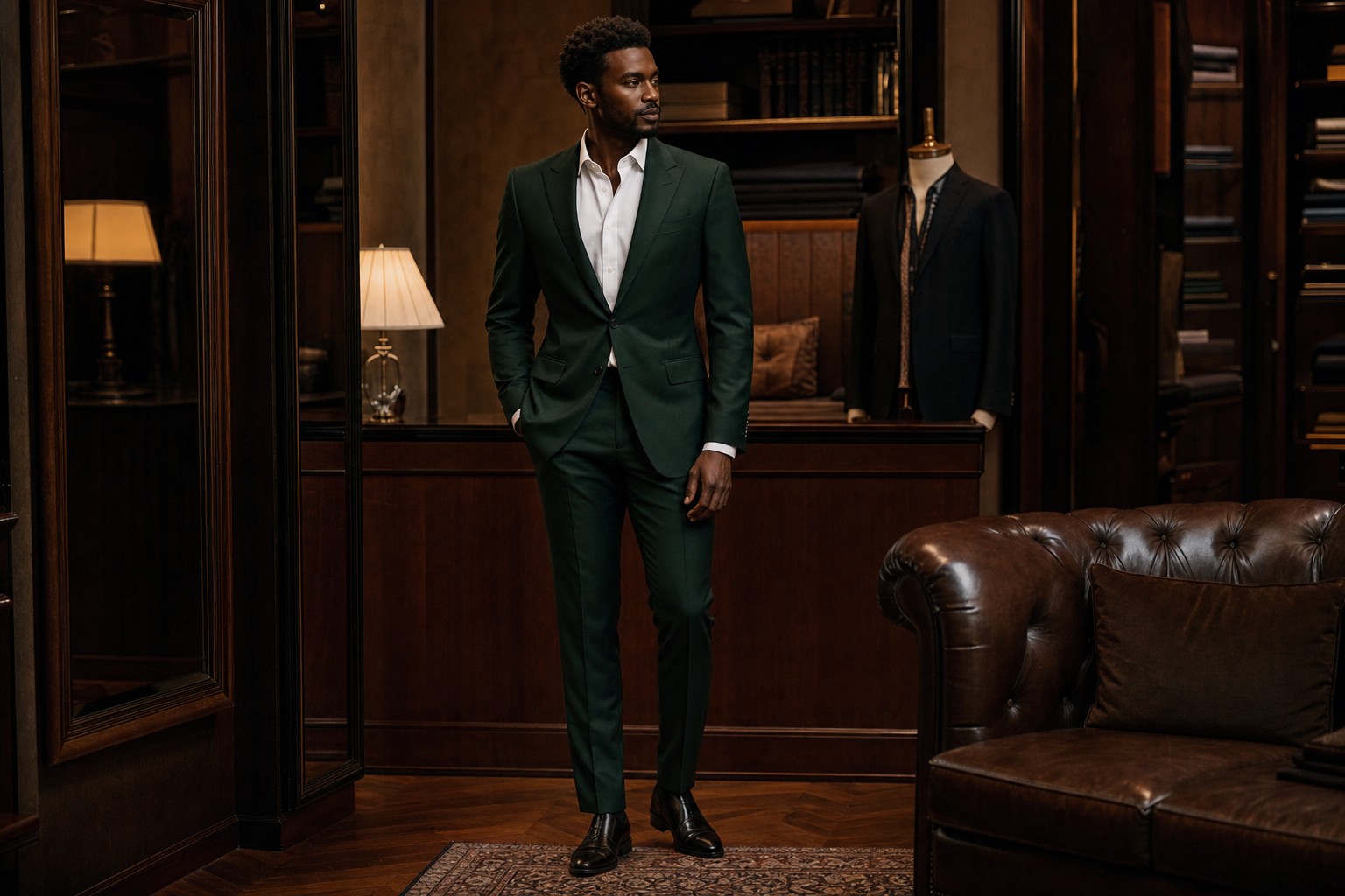 Man wearing a deep green custom suit in a private tailoring atelier