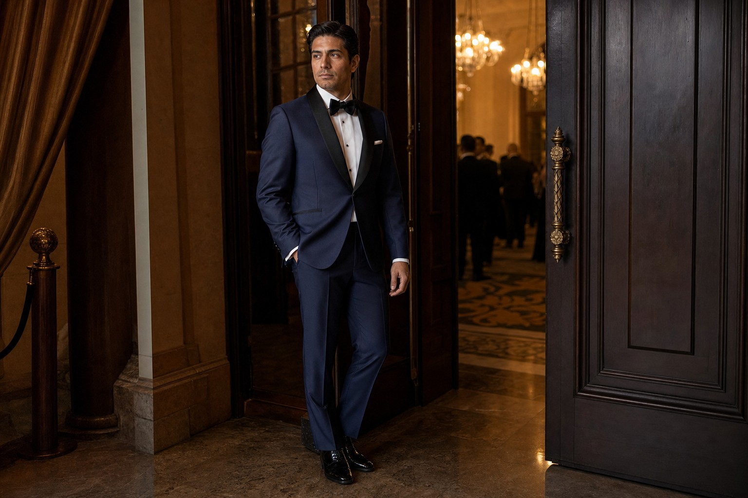 Man wearing a midnight blue tuxedo at a formal evening event