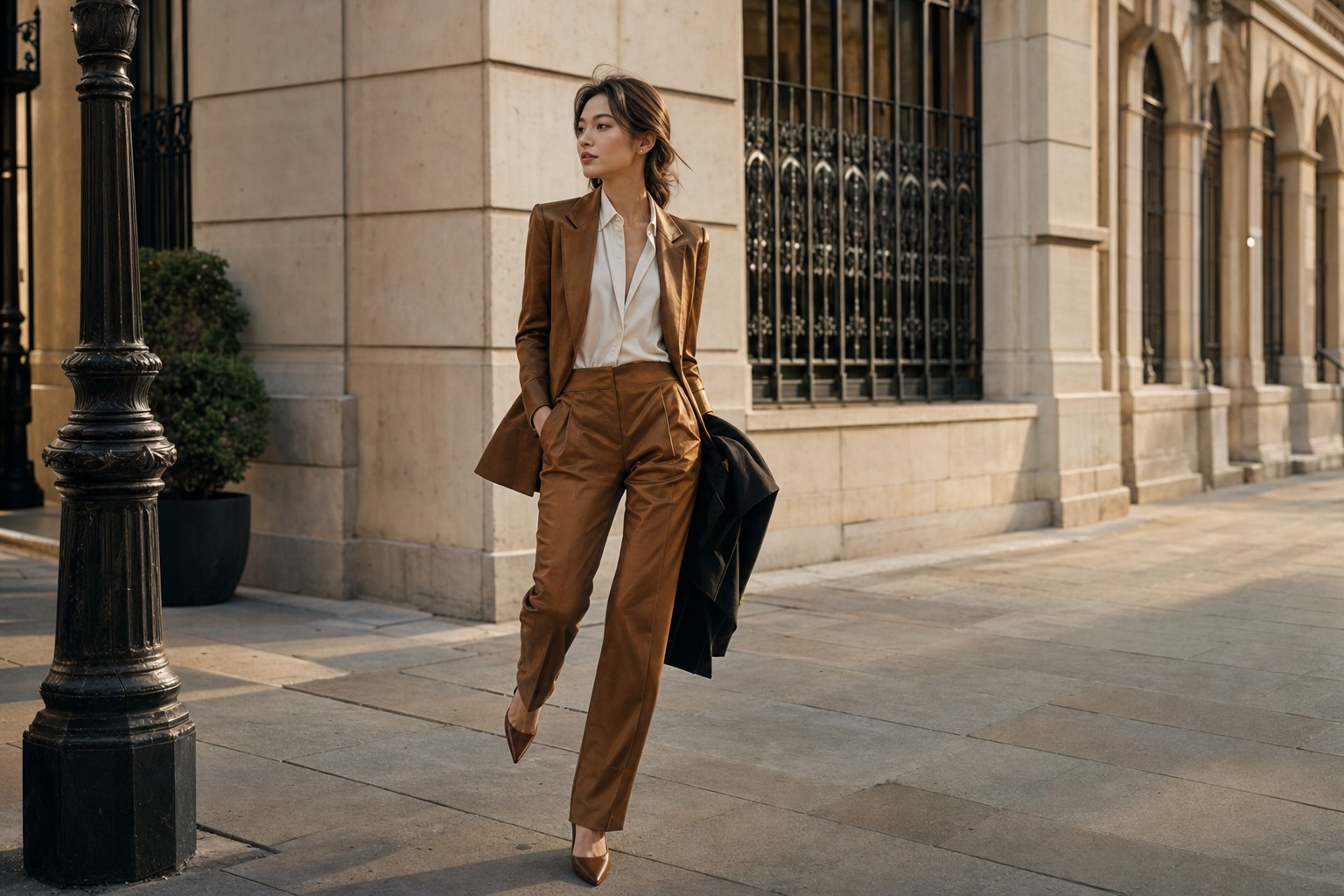 Woman wearing a bronze tailored suit on a sophisticated city street