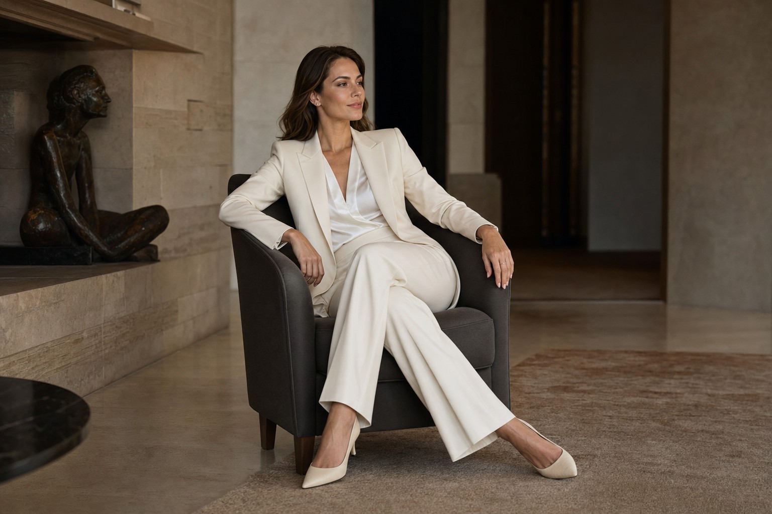 Woman wearing an ivory tailored trouser suit in a modern lounge