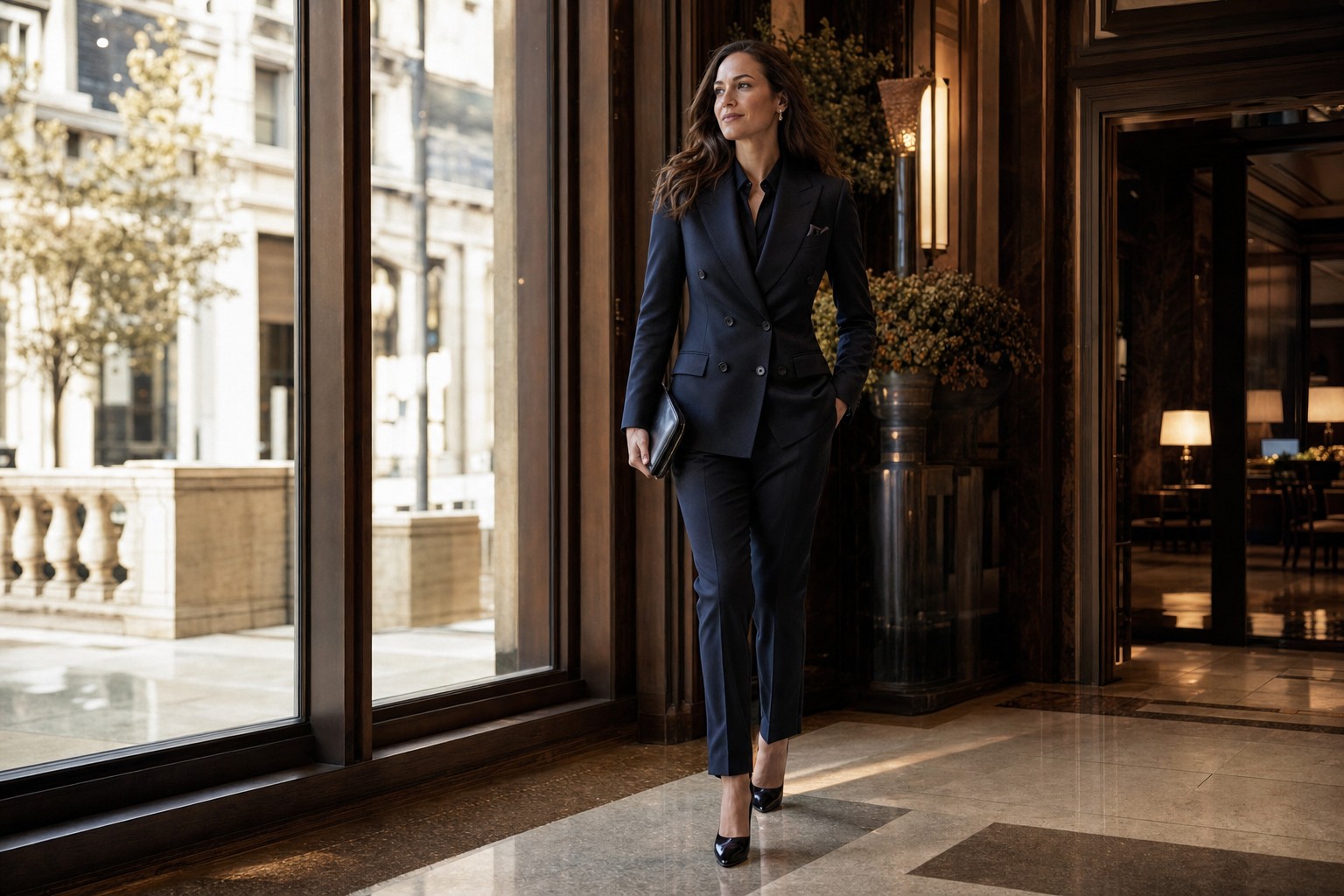 Woman wearing a midnight navy tailored suit in a refined hotel lobby