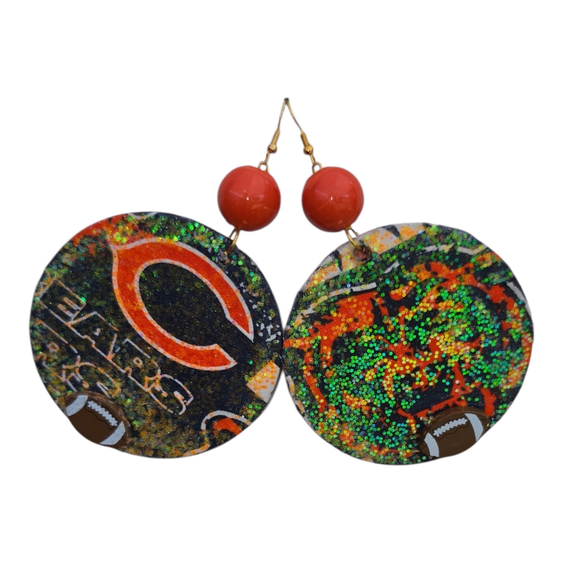 Glitter Chicago Bears earrings with orange beads
