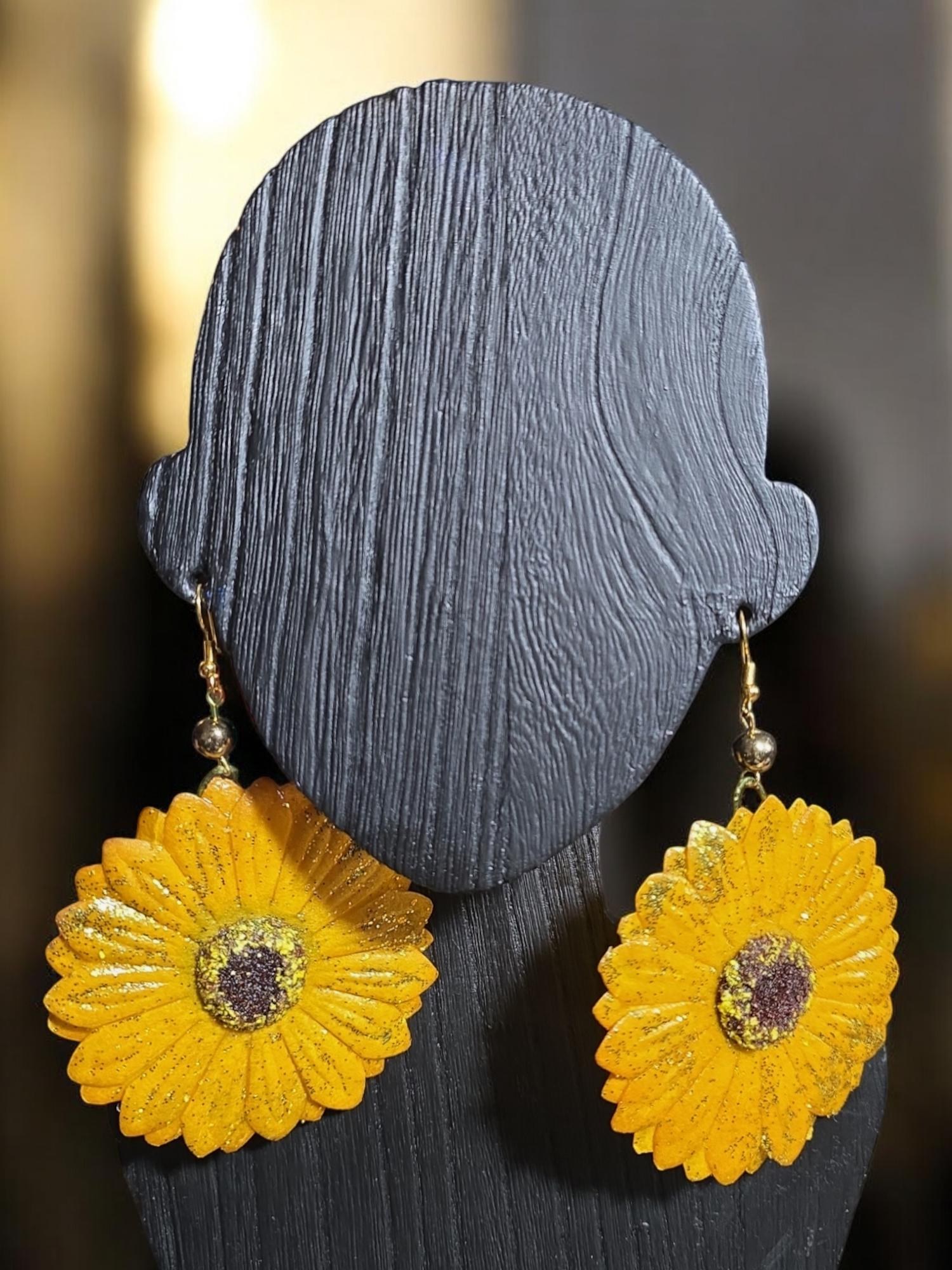 Yellow Handmade Sunflower Earrings, view 2