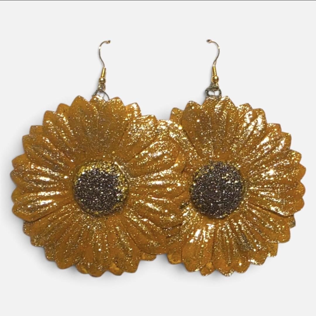 Yellow Handmade Sunflower Earrings, view 3