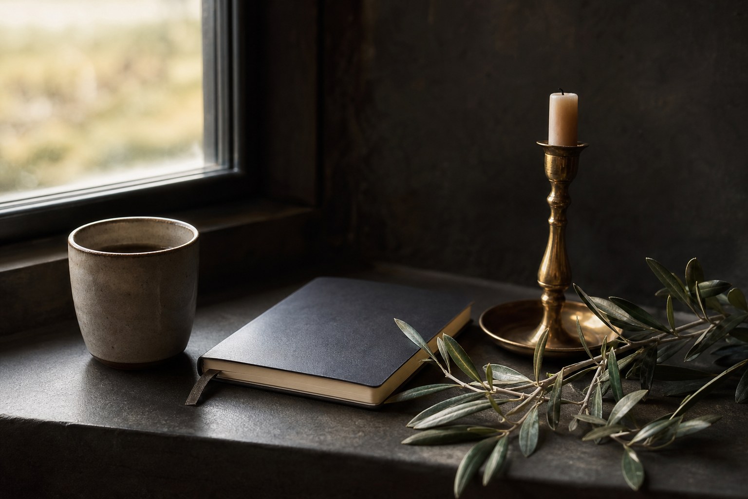Cup, notebook, olive branch, and brass candleholder beside a quiet window