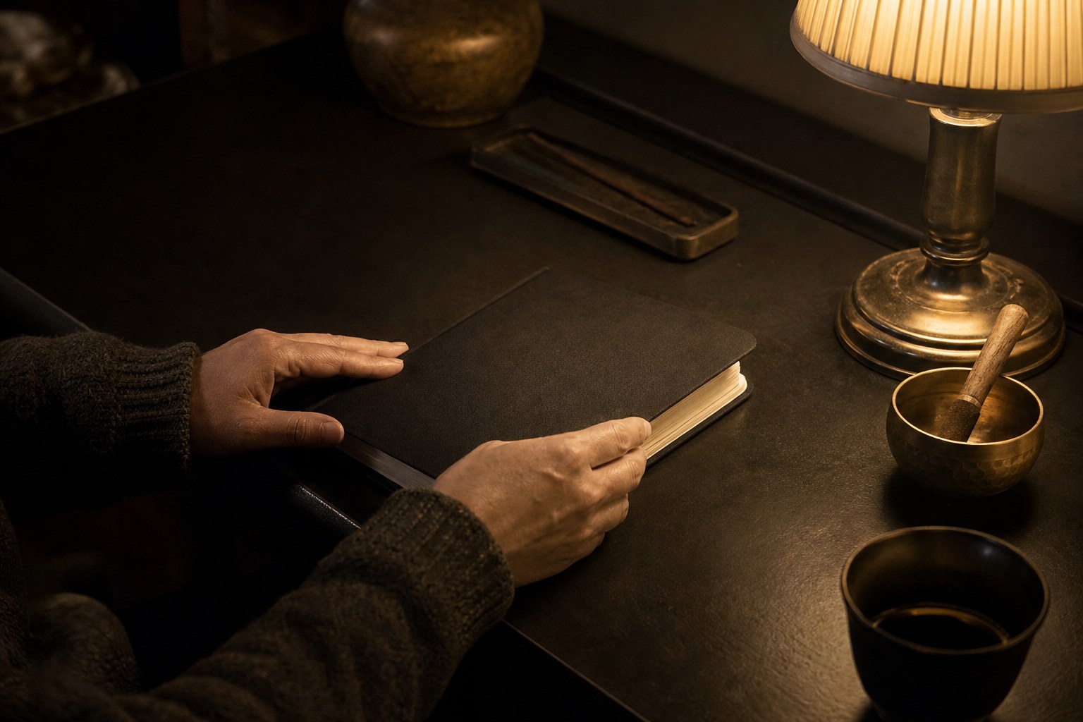 Hands closing a journal beside a warm lamp and brass bowl