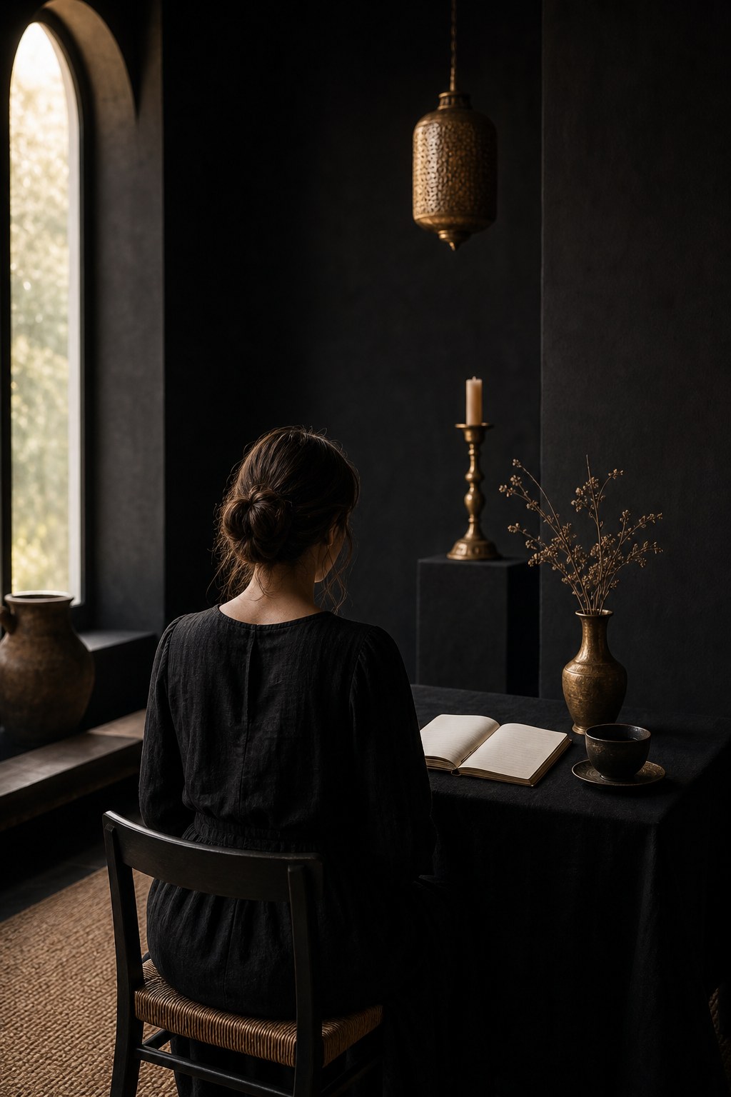 Woman seated beside a journal in a dark, peaceful sanctuary