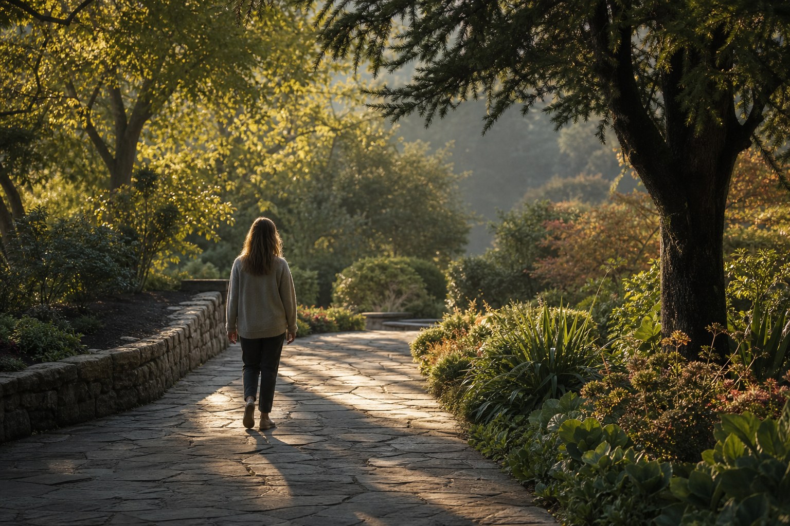 Woman walking slowly on a sunlit garden path