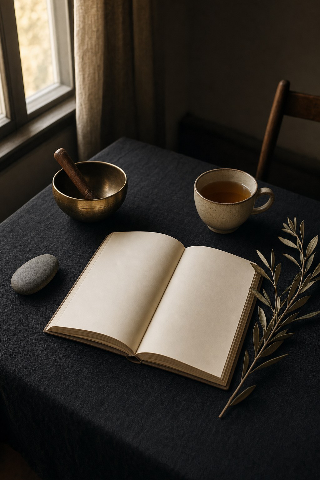 Open journal, brass bowl, tea, and olive branch on charcoal linen