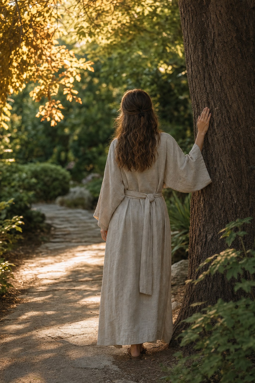 Woman pausing beside a large tree on a sunlit garden path