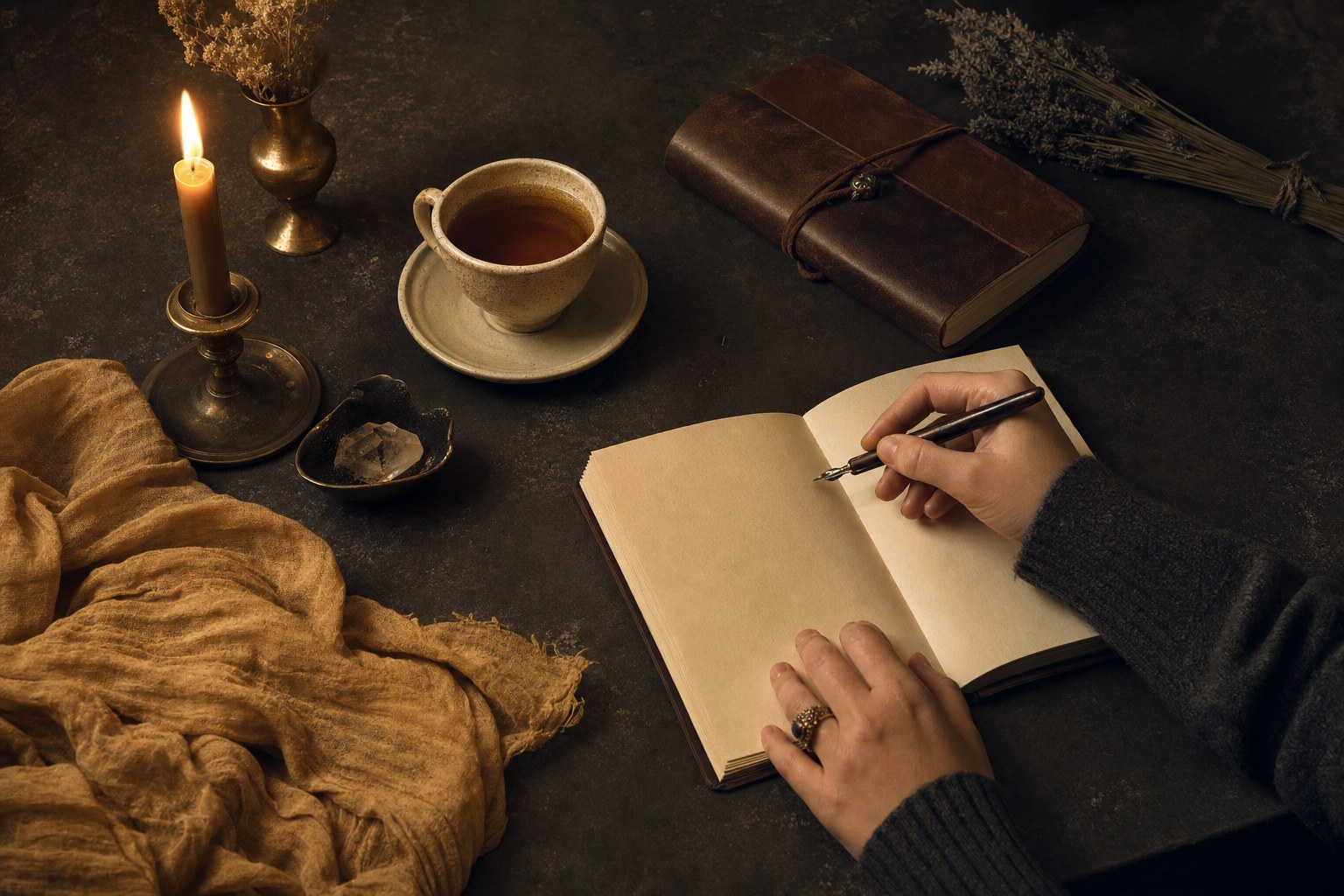 Hands writing in an open journal beside a candle and cup of tea
