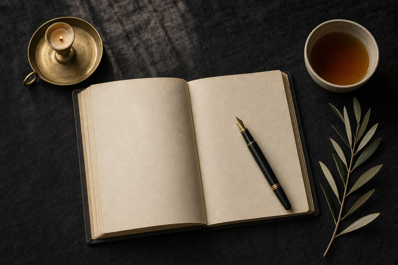 Open blank journal with fountain pen, tea, olive branch, and brass candleholder on charcoal linen
