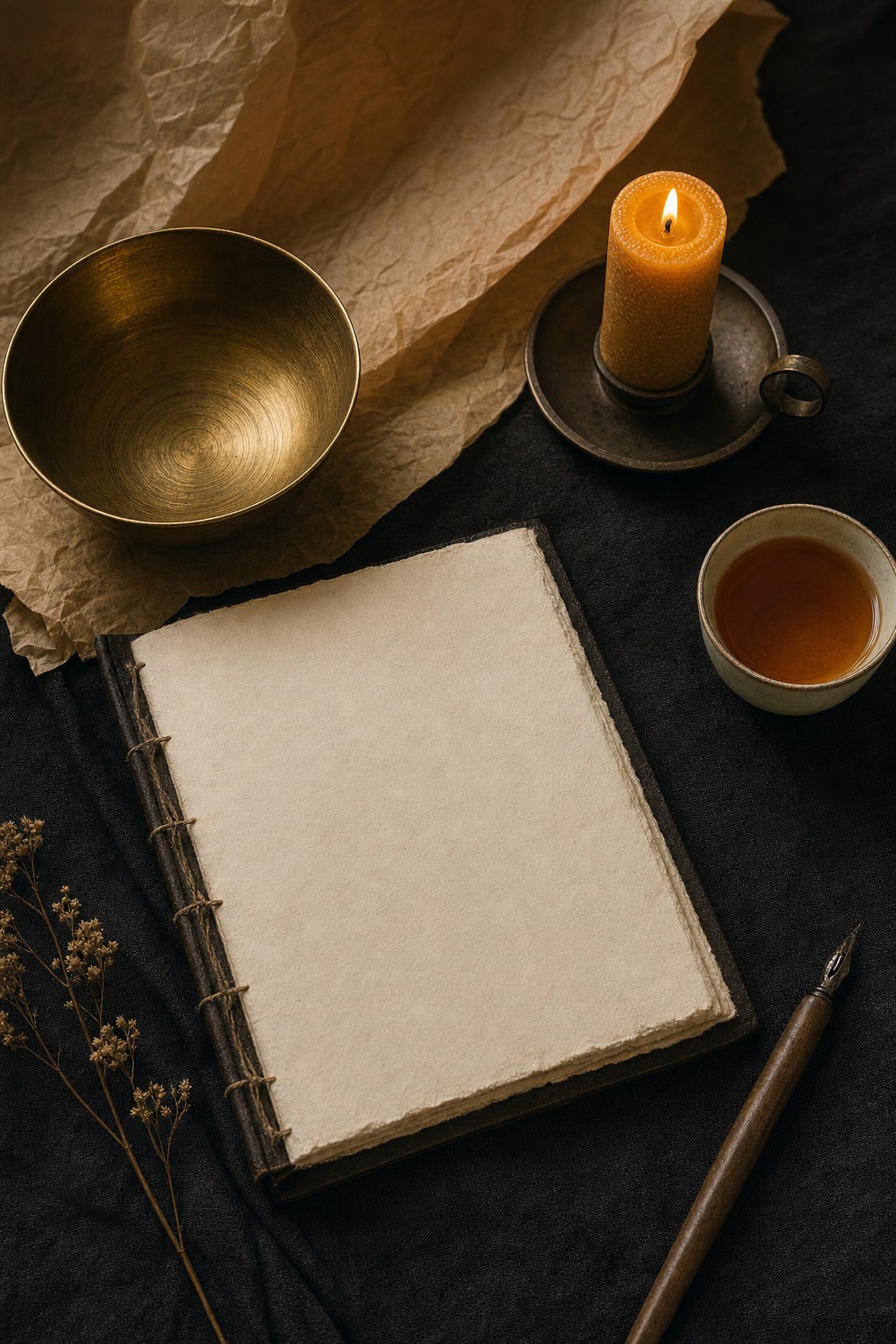 Blank handmade journal page with brass bowl, candle, tea, and fountain pen on dark linen
