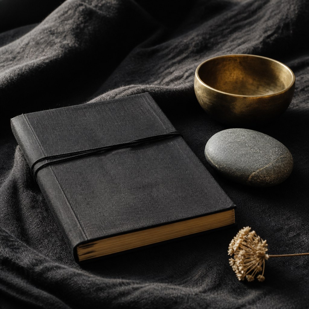 Brass bowl, river stone, and dried flower on black linen