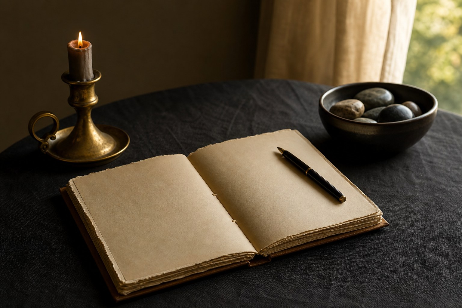Open journal, brass candleholder, and river stones on charcoal linen