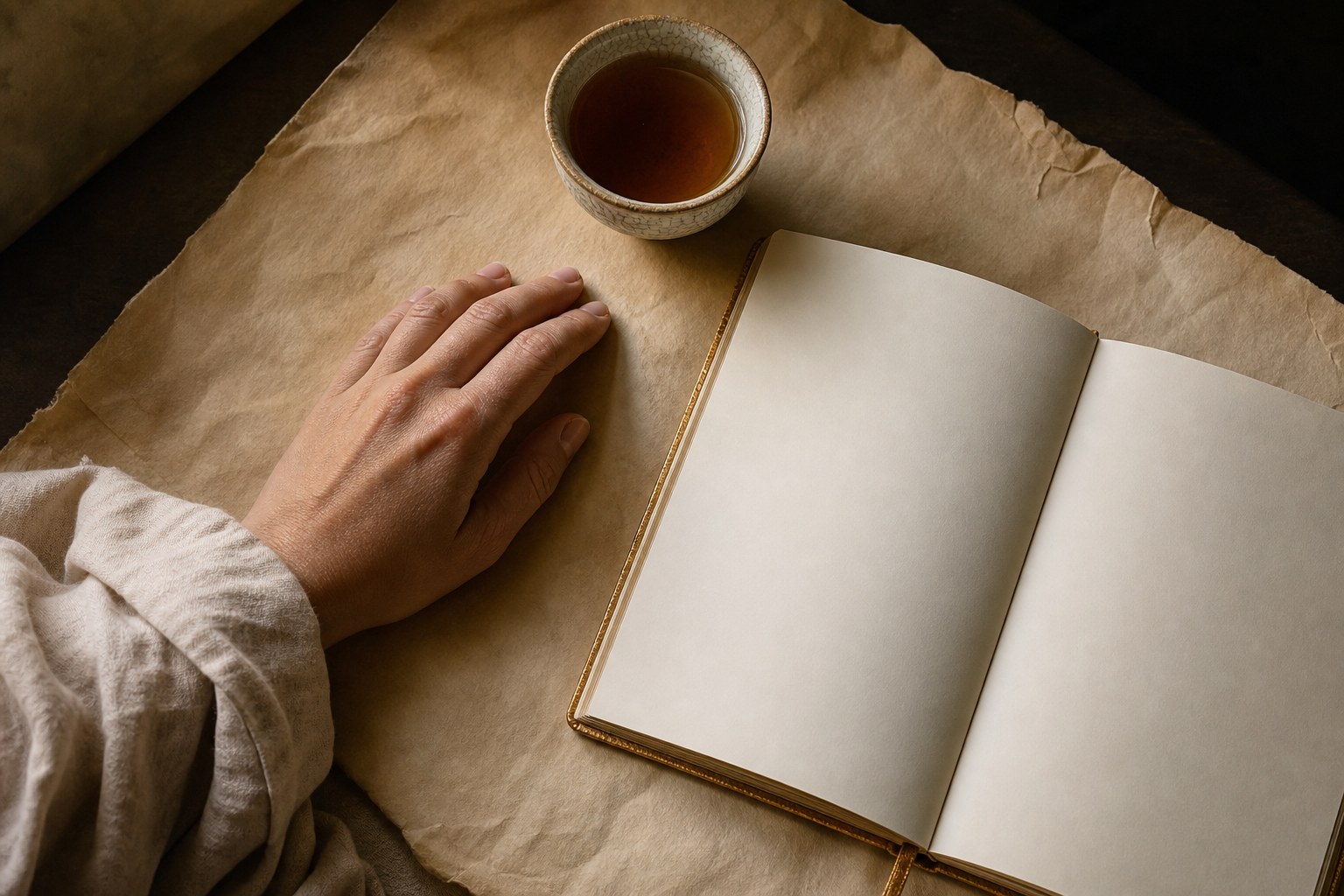 Hand beside an open journal and a cup of tea on warm parchment