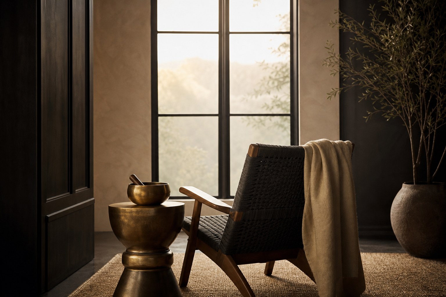 Woven chair by a tall morning window with a warm blanket and brass bowl