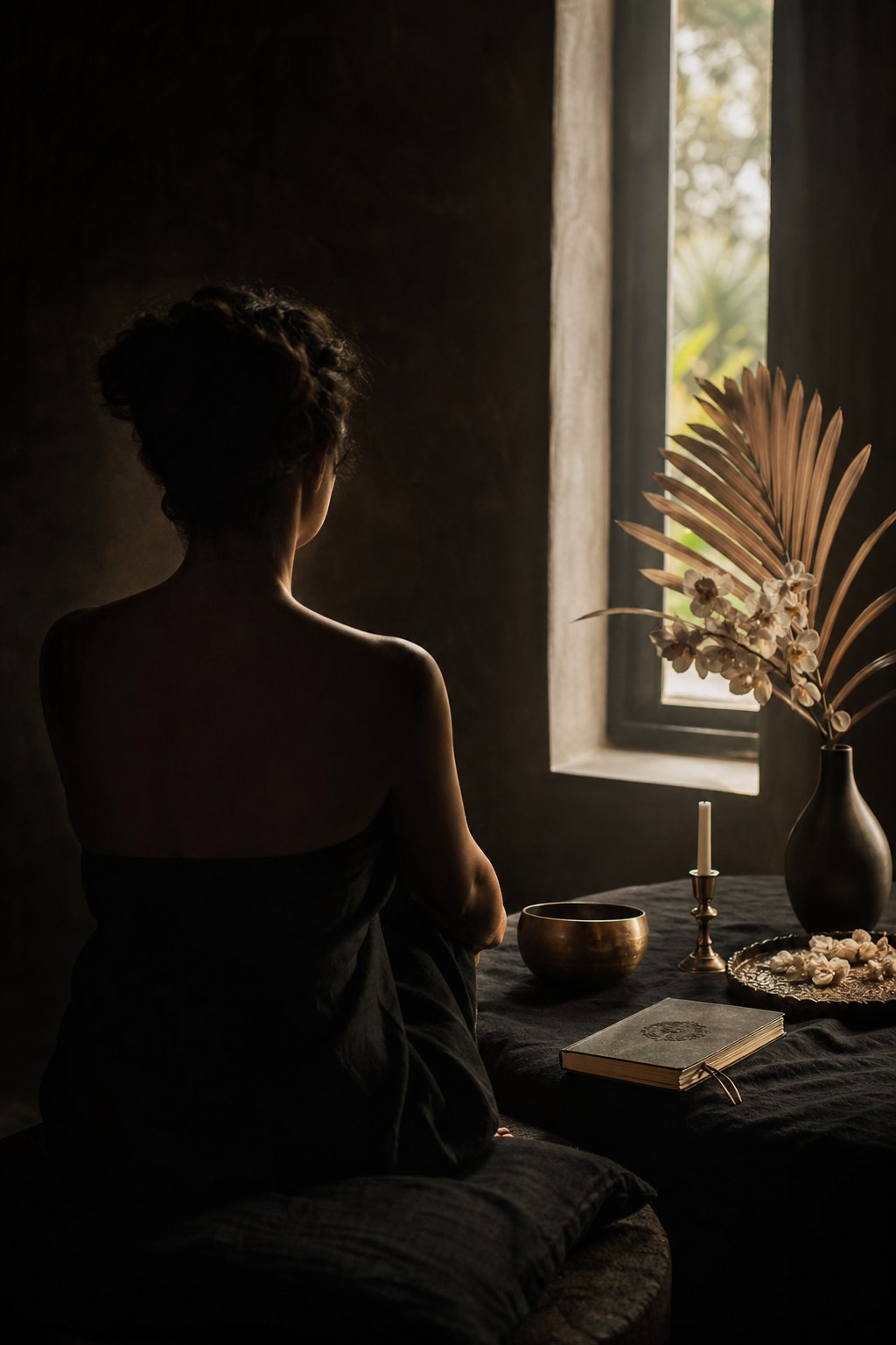 Woman sitting in quiet reflection beside a journal and brass bowl