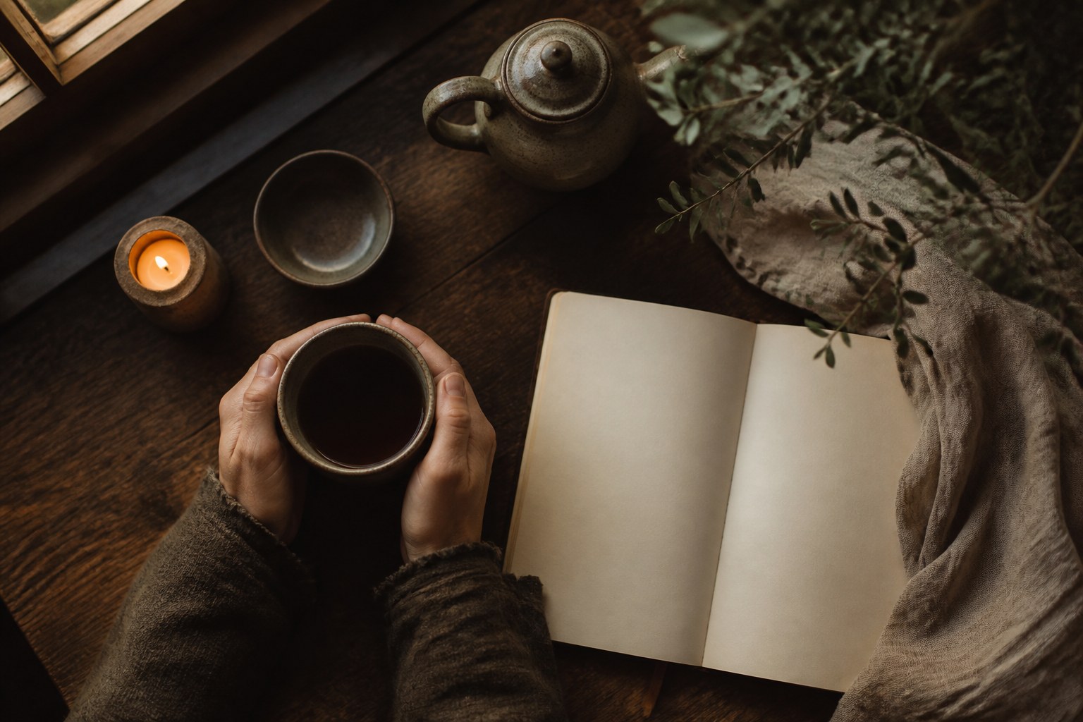 Hands holding a warm ceramic cup beside a journal and greenery