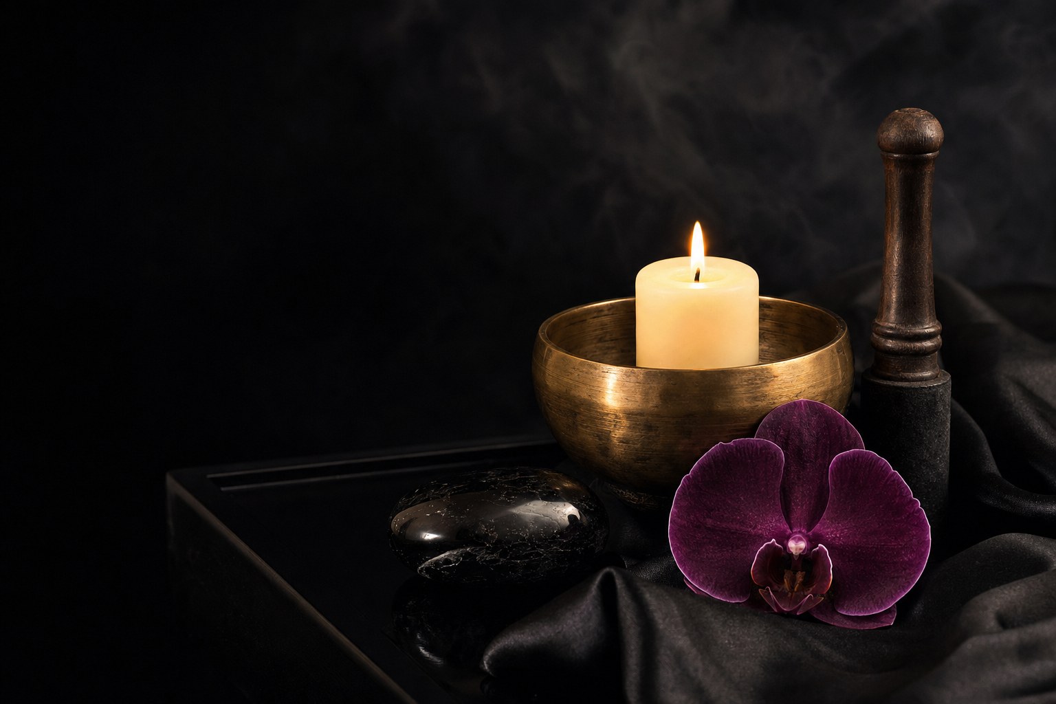 Candlelit brass bowl, obsidian, orchid, and silk