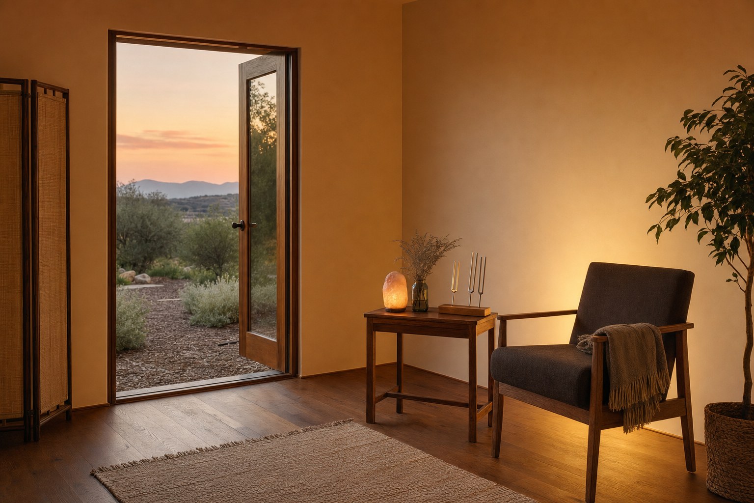 An open studio doorway, chair, blanket, and tuning forks arranged with clear space