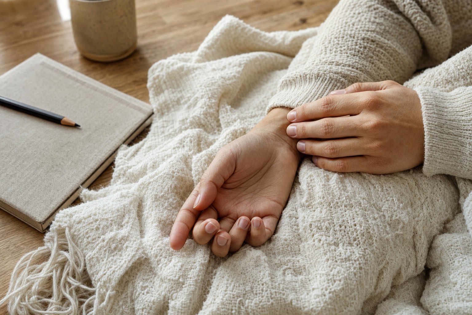 Hands resting on a cream blanket beside a journal and pencil