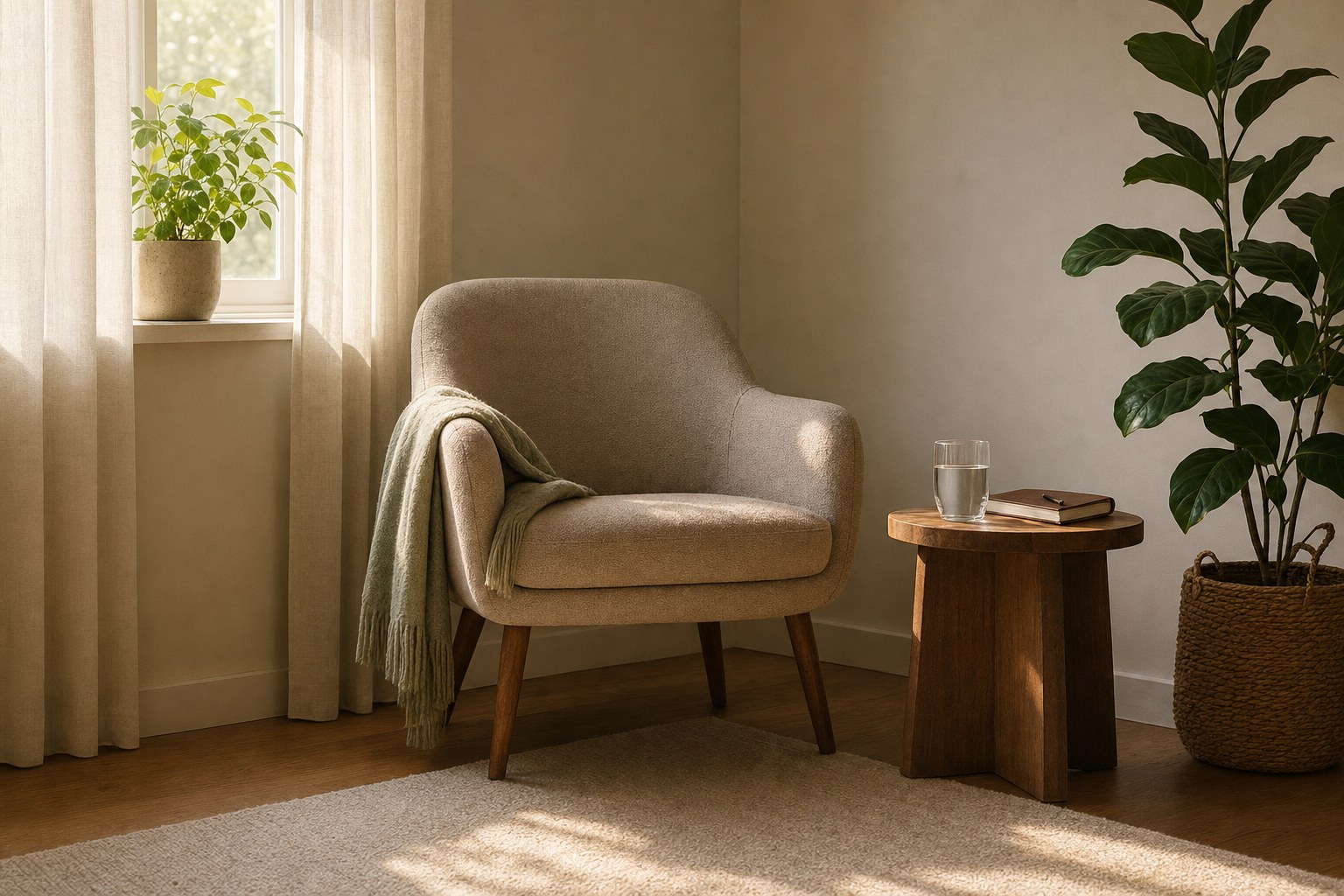 A comfortable chair, blanket, water, and journal prepared for a quiet pause
