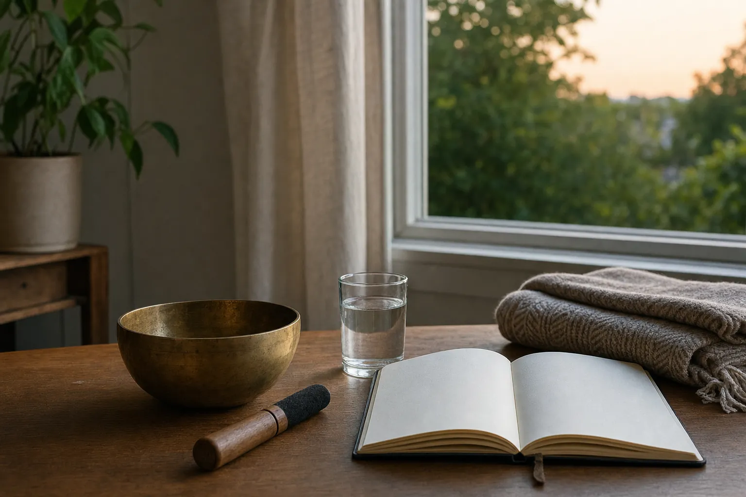 Metal singing bowl, striker, water, folded blanket, and open journal beside an open window after a home practice