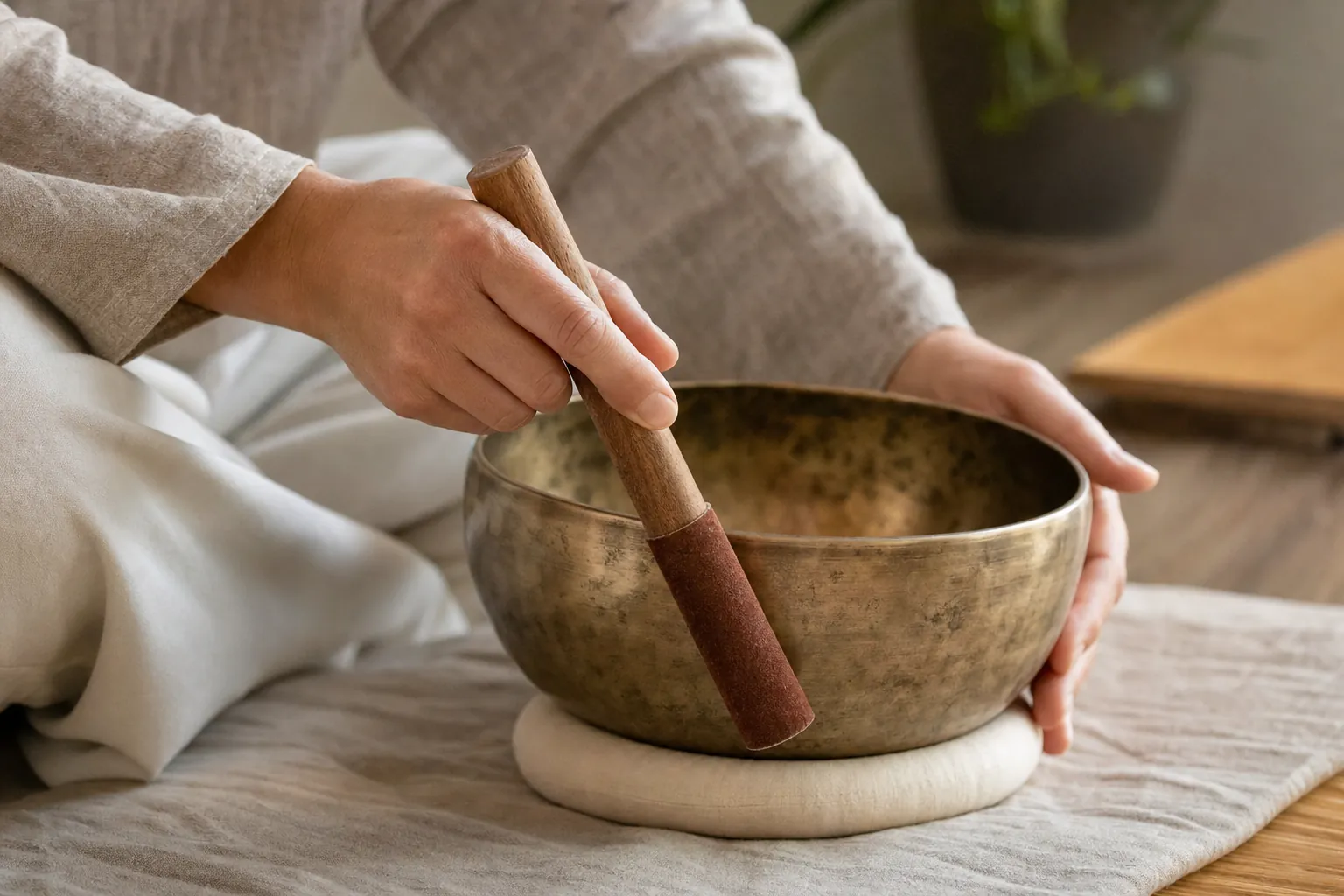 Hands gently moving a wooden mallet around the rim of a metal singing bowl resting on a cushion