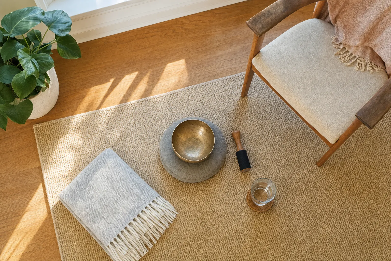 Metal singing bowl on a cushion with a striker, water, blanket, and supportive chair arranged for a simple home practice