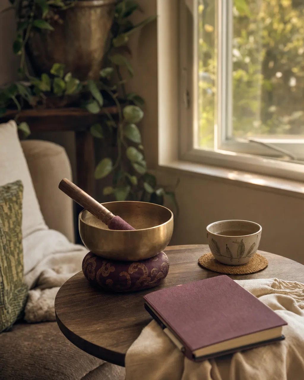 Singing bowl, tea, closed journal, and blanket beside an open window after a home practice