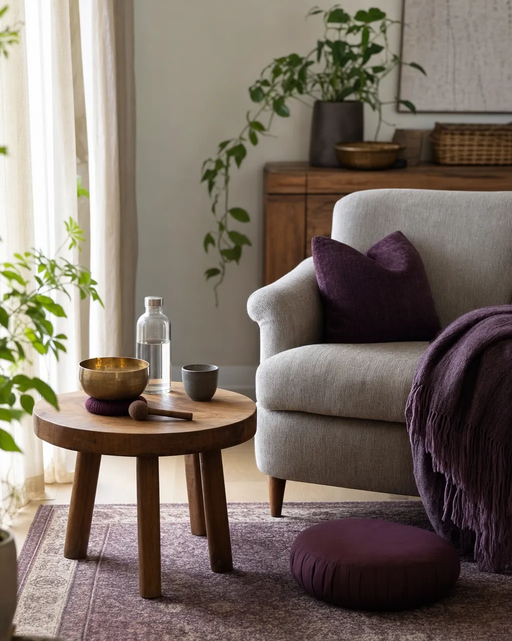 Comfortable armchair, singing bowl, blanket, water, and cushion prepared for a gentle home sound bath