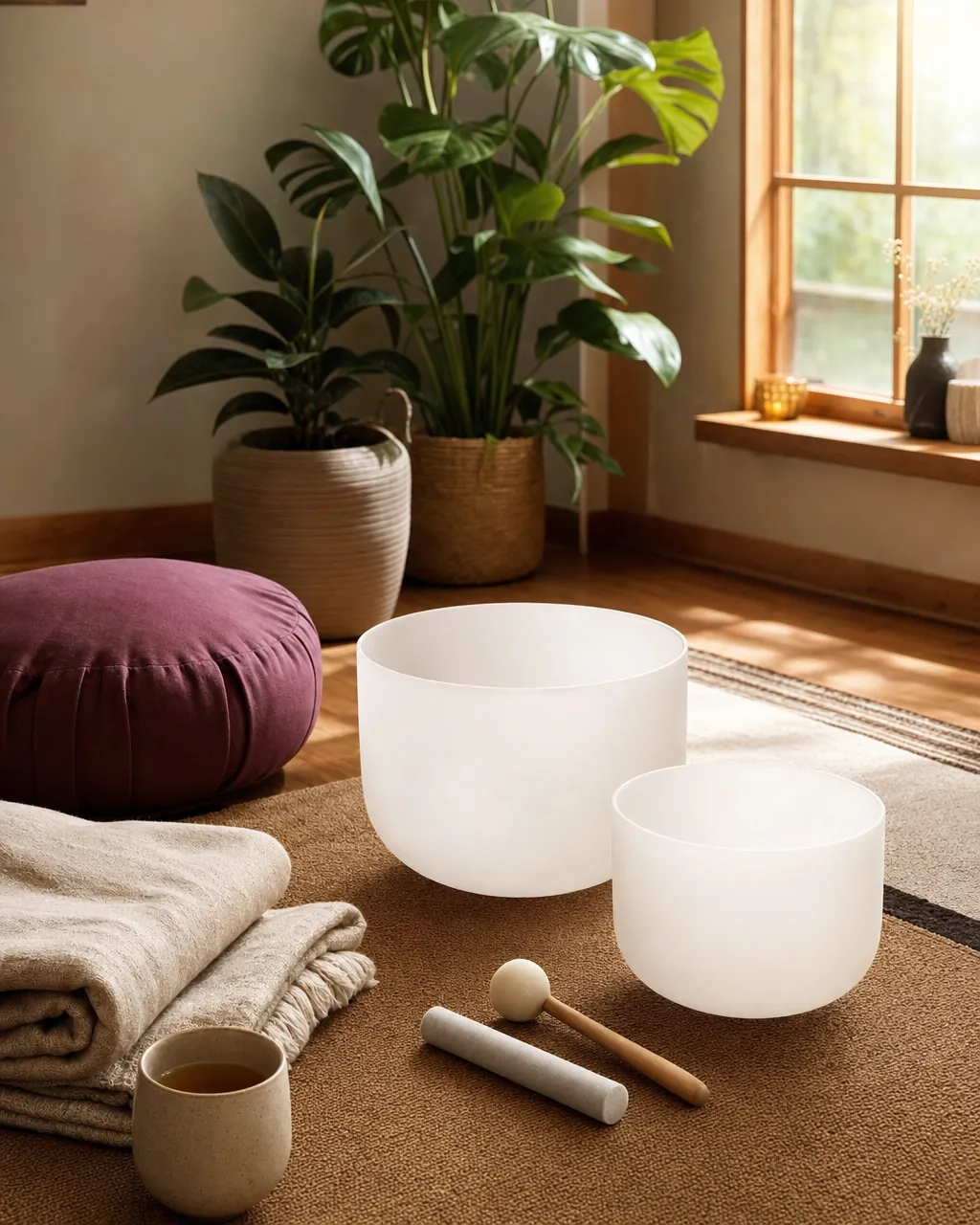 Crystal singing bowls, cushion, blanket, tea, and plants arranged in a sunlit home practice space