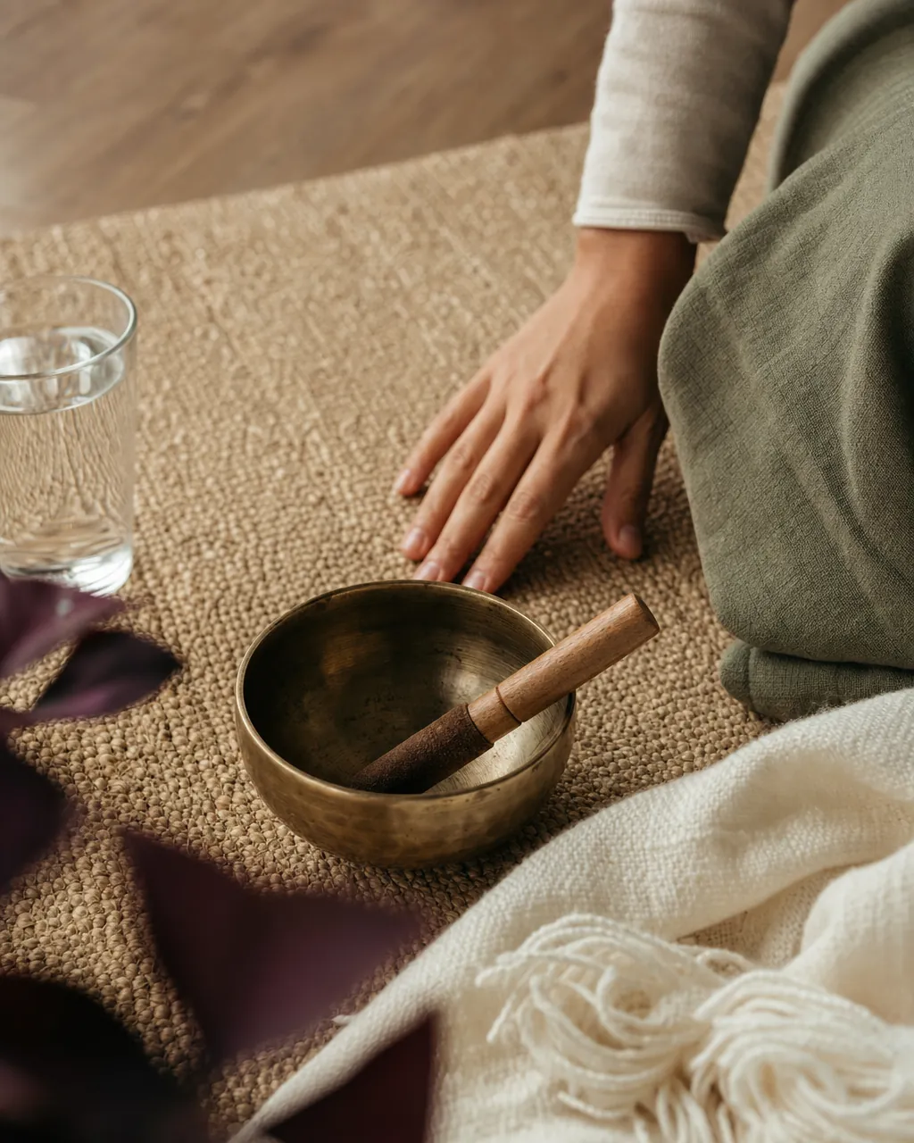 Hand resting beside a metal singing bowl, water, and soft blanket on a woven mat