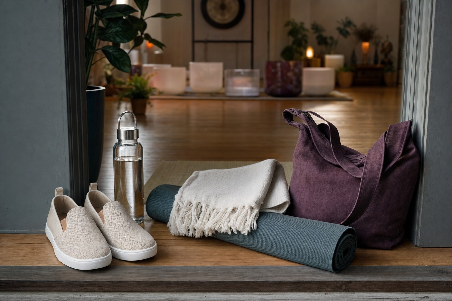 Slip-on shoes, water bottle, folded mat, blanket, and tote bag ready at the entrance to a sound bath studio