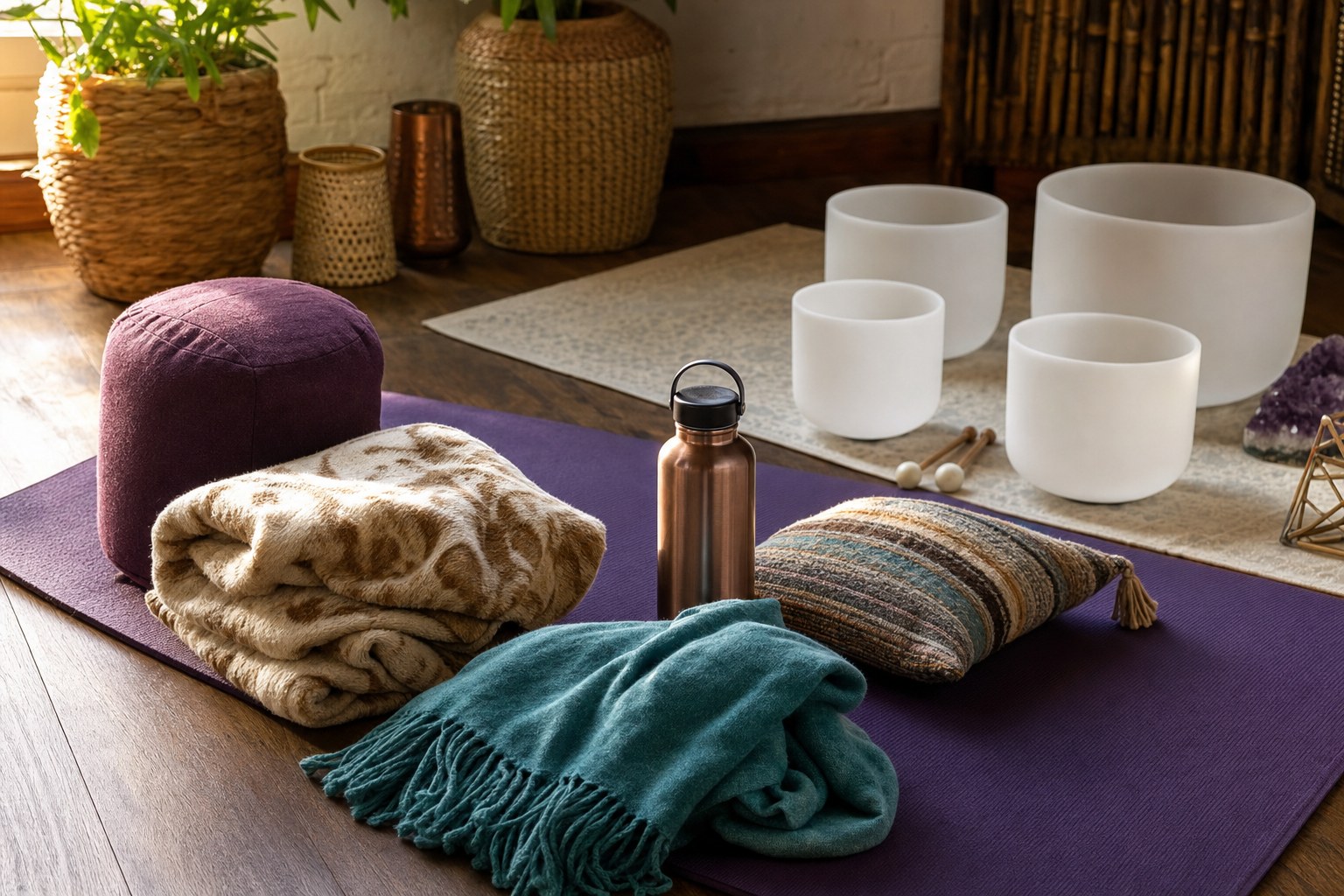 Yoga mat, blanket, shawl, water bottle, cushions, and crystal singing bowls prepared for a sound bath