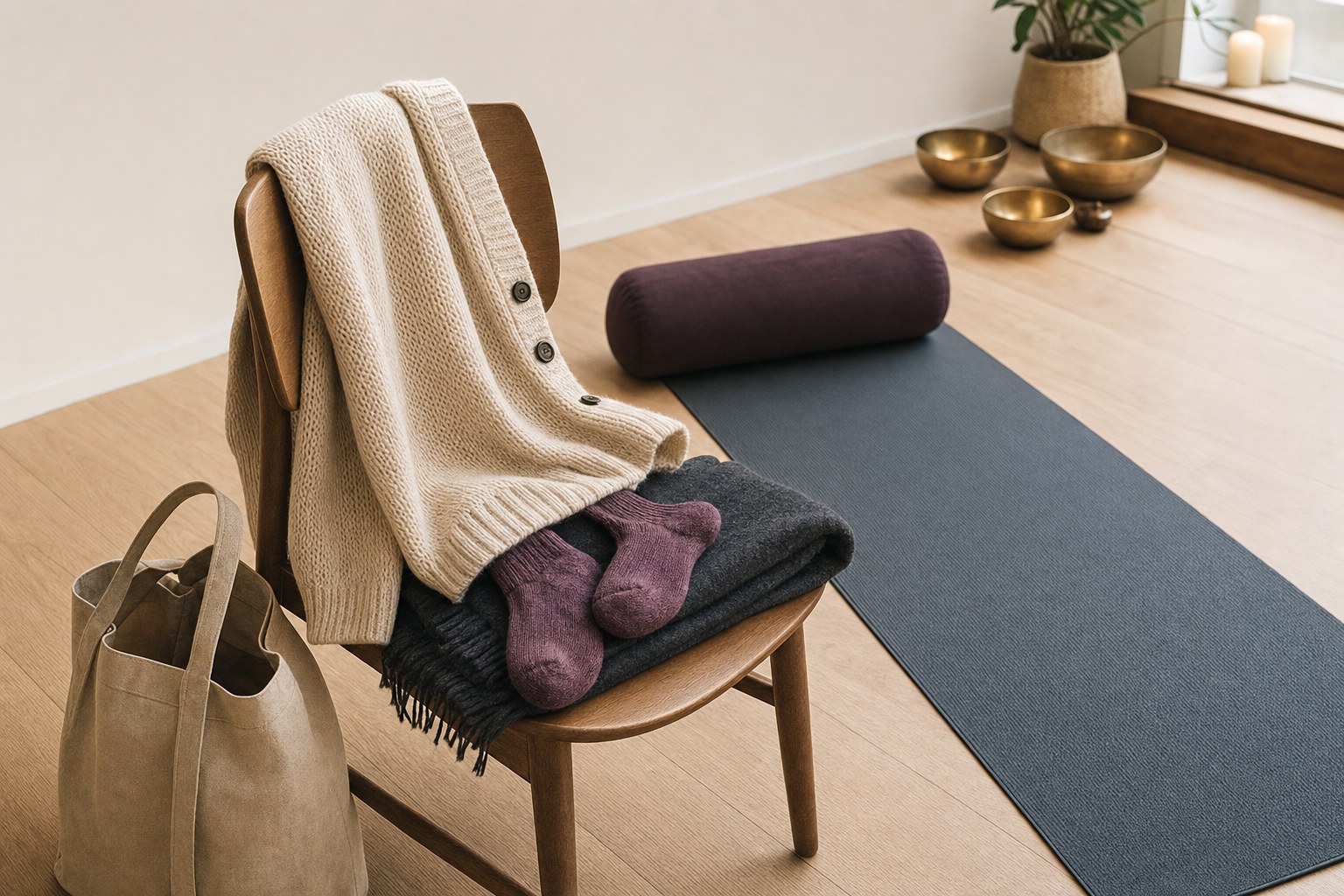 Soft cardigan, socks, folded blanket, tote bag, and yoga mat arranged beside a chair for a sound bath