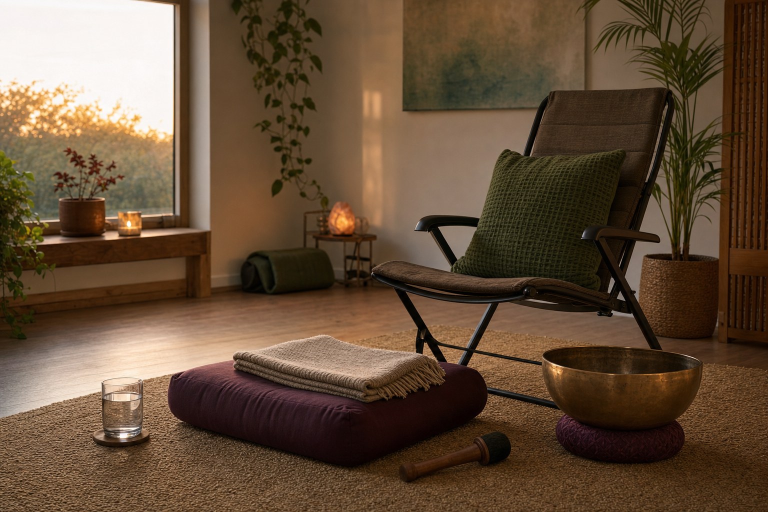 Supportive chair, cushion, blanket, water, and singing bowl arranged for a flexible sound bath setup