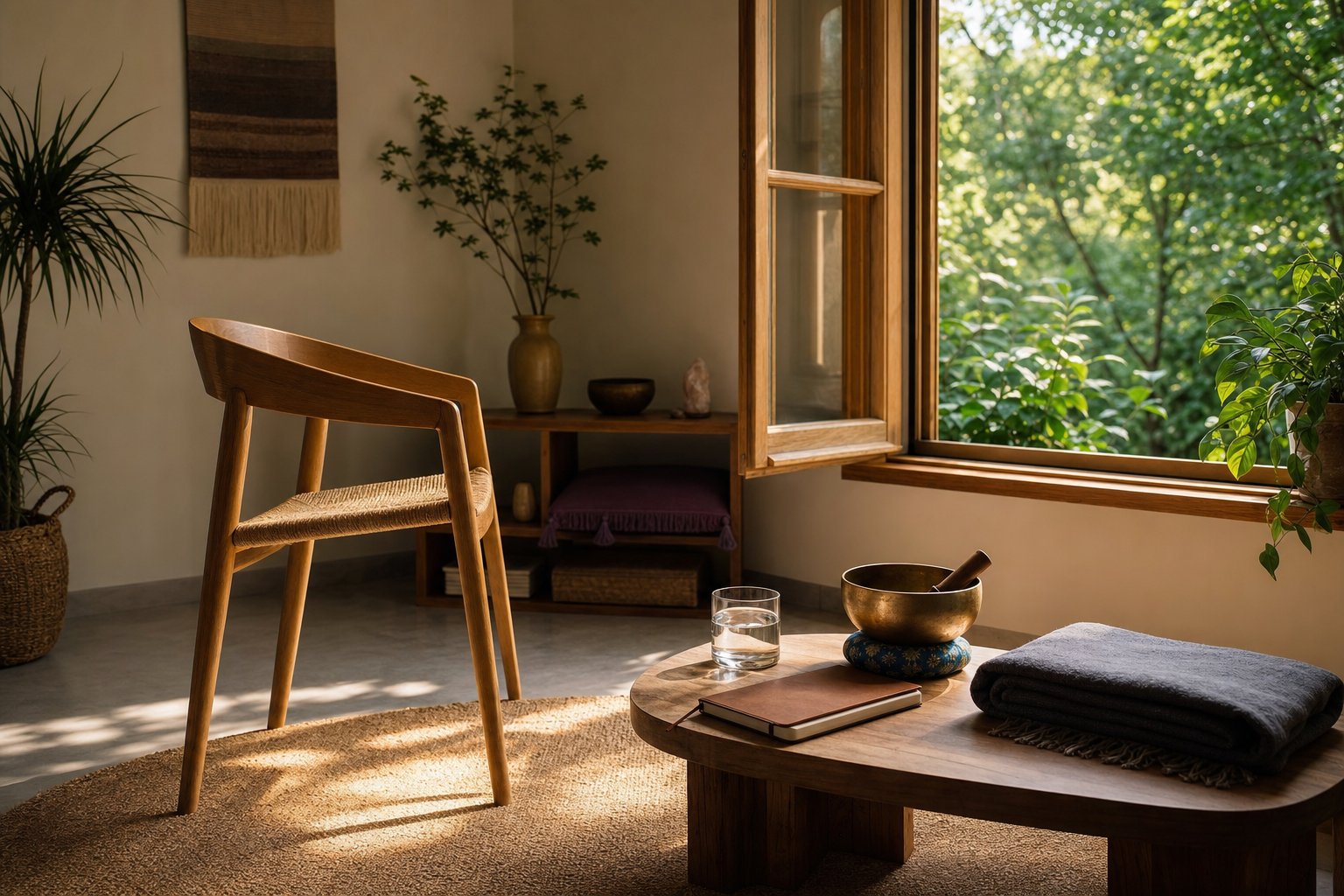 Quiet meditation room with an open window, chair, journal, water, blanket, and singing bowl after a sound practice