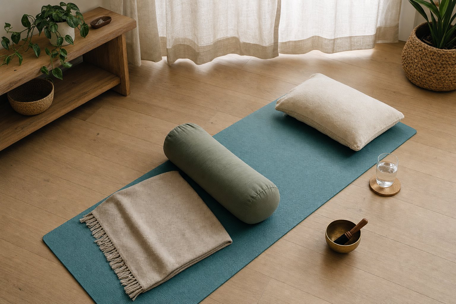 Comfortable floor setup with yoga mat, bolster, pillow, blanket, water, and a singing bowl