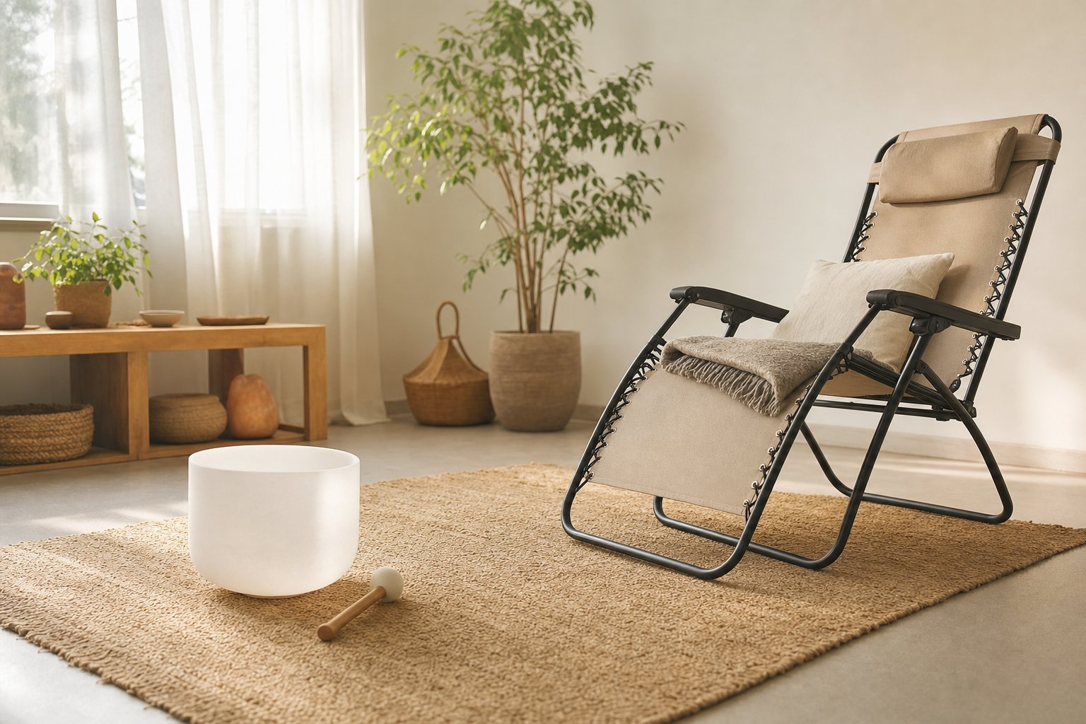 Singing bowl placed at a comfortable distance from a supportive reclining chair in a calm studio