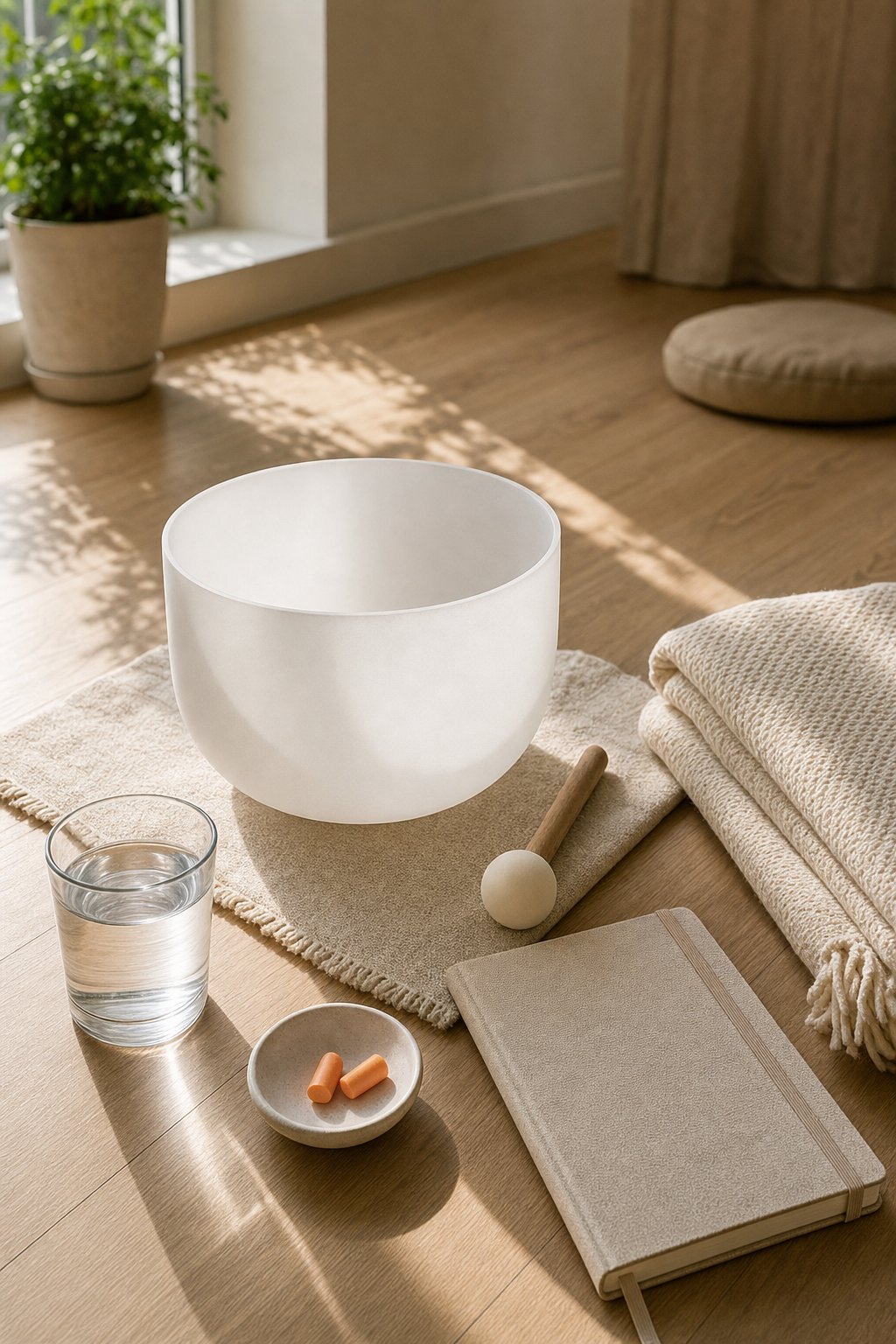 Crystal singing bowl, earplugs, water, blanket, and journal prepared in a quiet room